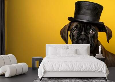 A cute boxer puppy wearing a top hat looks at the camera against a yellow background. Wall mural