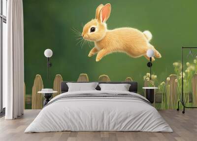 A cute bunny rabbit leaps over a wooden fence. Wall mural