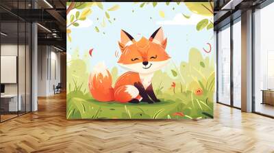 A cute cartoon fox sitting in a lush green forest. Wall mural