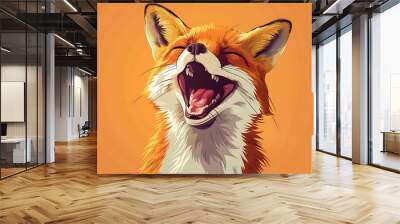 A cute cartoon fox with its mouth wide open, showing its teeth, on an orange background. Wall mural