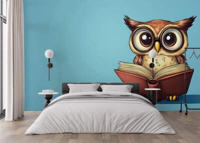 A cute cartoon owl wearing glasses and reading a book. Wall mural