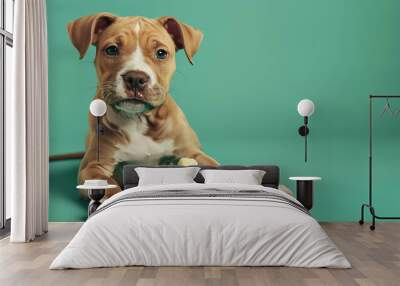 A cute puppy dog lying on a green background with two dog treats in front of it. Wall mural