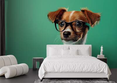 A cute puppy wearing glasses looks to the side, against a green background. Wall mural