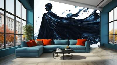 A dark silhouette of a person wearing a flowing cloak, with abstract blue and black paint splatters in the background. Wall mural