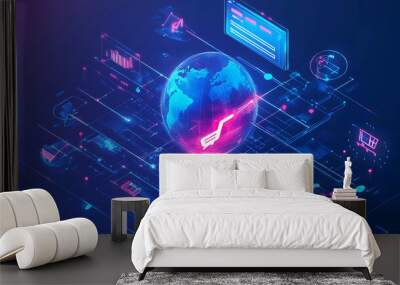 A digital illustration of a glowing globe with lines and icons representing global data and technology. Wall mural