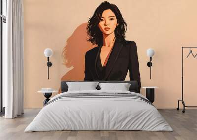 A digital illustration of a woman with dark hair wearing a black suit. Wall mural