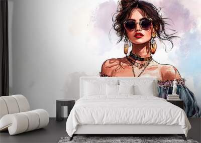 A digital painting of a stylish woman wearing sunglasses, a floral off-the-shoulder top, and several necklaces. Wall mural