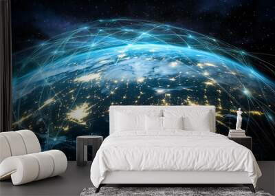 A digital rendering of the Earth from space, surrounded by a network of glowing lines. Wall mural