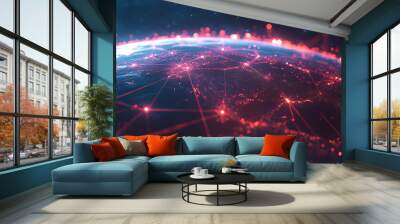 A digitally rendered image of a globe with red lines connecting glowing points of light. The image is set against a dark blue background with stars. Wall mural