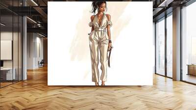 A fashion illustration of a woman in a white jumpsuit with a plunging neckline. She has long black hair and is wearing black heels. Wall mural