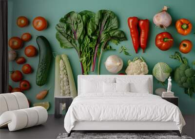 A flat lay of a variety of fresh vegetables on a green background. Wall mural