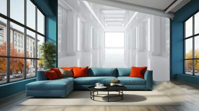 A futuristic, bright white hallway with glowing lights and doorways. Wall mural