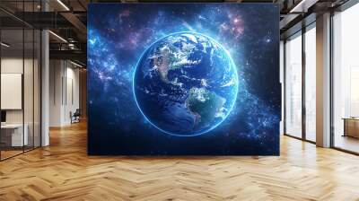 A glowing Earth from space with stars and a nebula in the background. Wall mural