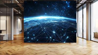 A glowing earth with a blue digital network connecting continents, representing global communication. Wall mural