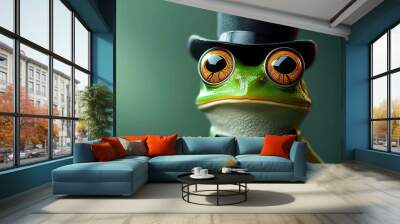 A green frog wearing a top hat and bow tie, looking up at the camera. Wall mural