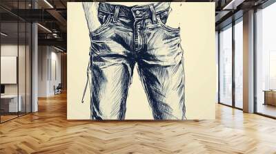 A hand-drawn illustration of a pair of blue jeans. Wall mural