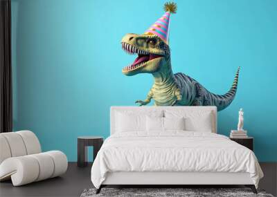 A happy dinosaur in a party hat on a blue background. Wall mural