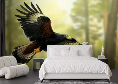 A hawk flying through a forest. Wall mural