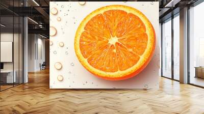 A juicy orange slice with water droplets on a white background. Wall mural