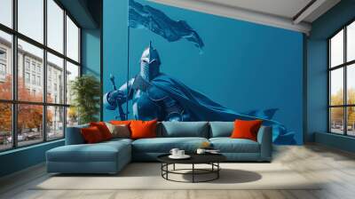 A lone knight in shining armor stands with his sword drawn and a flag raised high, against a blue backdrop. Wall mural