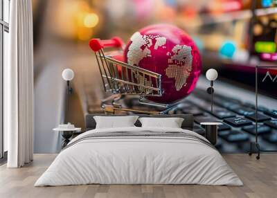 A miniature shopping cart with a globe inside, sitting on a laptop keyboard. Wall mural