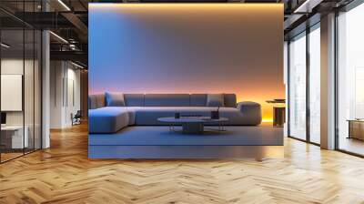 A modern living room with a sectional sofa, a coffee table, and two chairs. Wall mural