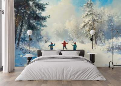 A painting of three children skiing down a snowy hill in a winter wonderland. Wall mural