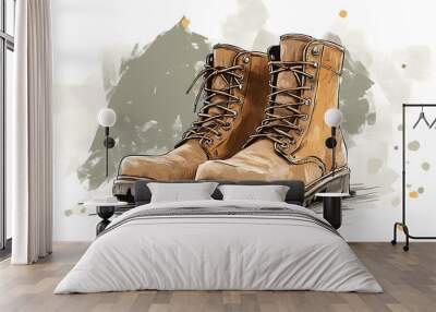 A pair of brown leather boots drawn in a watercolor style. Wall mural