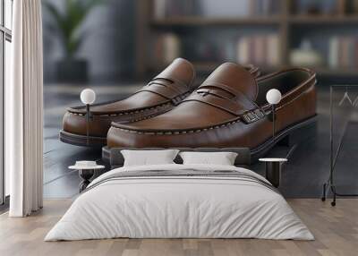 A pair of brown leather loafers on a wooden floor. Wall mural