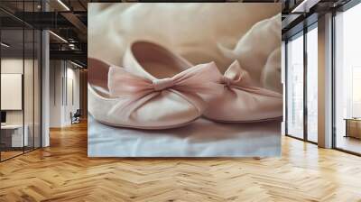 A pair of elegant pink bridal shoes with satin bows. Wall mural