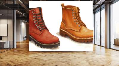 A pair of leather boots, one red and one tan, are illustrated with a watercolor effect. Wall mural