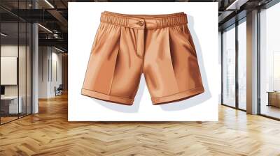 A pair of light brown shorts with a button and elastic waistband. Wall mural