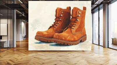 A pair of worn brown leather boots with laces. Wall mural