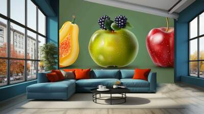 A papaya, a green apple with blackberries on top, and a red apple. Wall mural