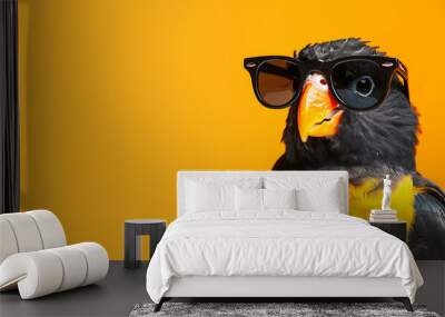 A parrot wearing sunglasses looks cool against an orange background. Wall mural