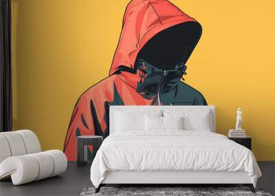 A person in a red and black jacket with the hood up. Wall mural