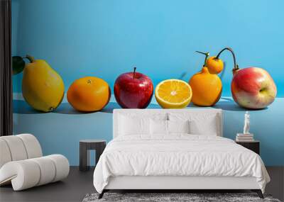 A row of colorful fruits on a blue background. Wall mural