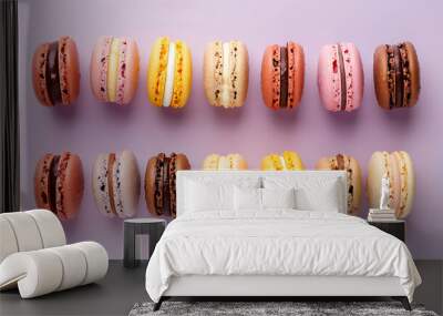 A row of colorful macarons on a purple background. Wall mural