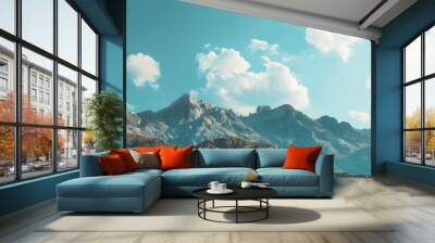 A scenic view of mountain ranges under a beautiful blue sky with fluffy white clouds. Wall mural