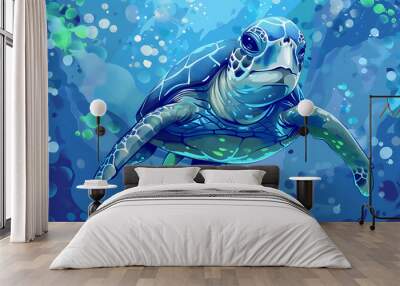 A sea turtle swims through the ocean, a close-up. Wall mural