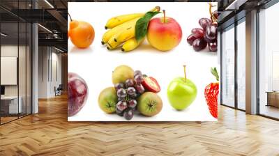 A selection of fresh fruits, including pears, bananas, apples, grapes, plums, and a strawberry. Wall mural