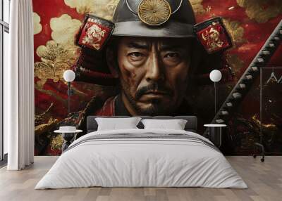 A serious samurai warrior in full armor with a katana sword and battle scars. Wall mural