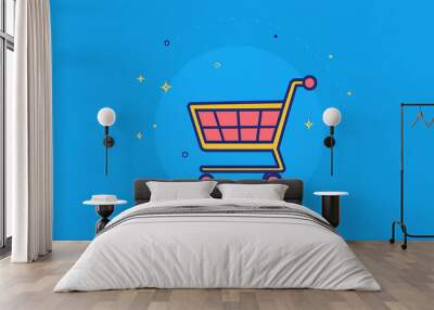 A shopping cart icon on a blue background with a white circle behind it. Wall mural