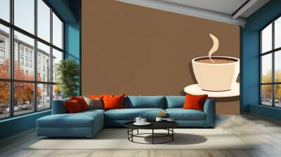 A simple illustration of a steaming cup of coffee on a brown background. Wall mural