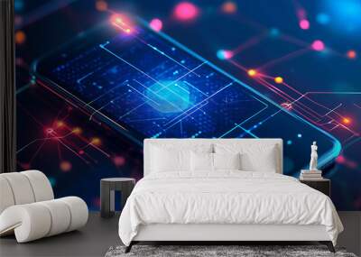 A smartphone with a glowing blue digital circuit board, connected by glowing lines to other circuit boards. Wall mural