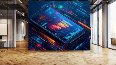 A smartphone with colorful data visualizations and a glowing blue circuit board background. Wall mural