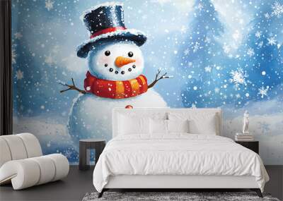 A snowman with a top hat and scarf stands in a snowy landscape. Wall mural