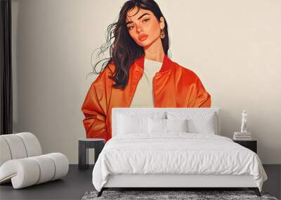 A stylish young woman in an orange bomber jacket and green pants. Wall mural