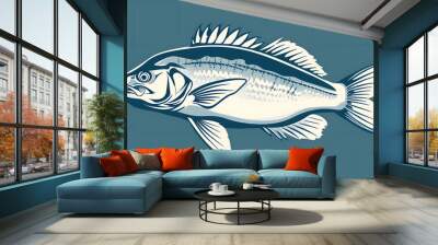 A stylized blue and white illustration of a fish on a blue background. Wall mural