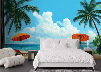 A tranquil beach scene with palm trees, two orange umbrellas, lounge chairs and a bright blue ocean. Wall mural